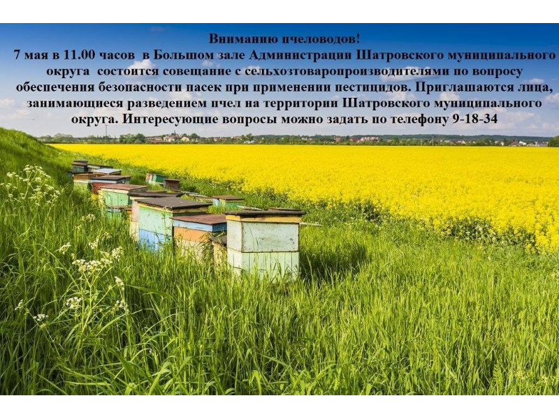 Вниманию пчеловодов округа! В администрации округа состоится совещание по вопросу обеспечения безопасности пасек при применении пестицидов аграриями.