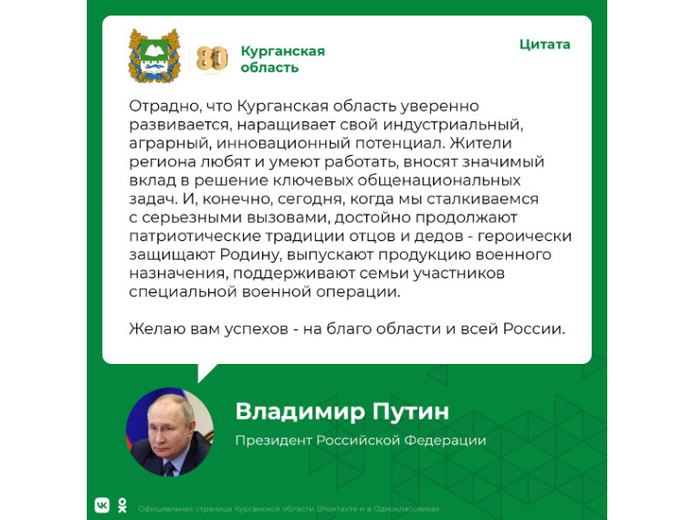 Курганскую область с 80-летием поздравил Президент России Владимир Путин.